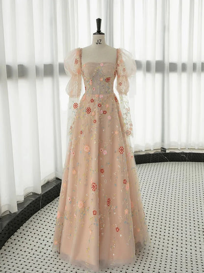Champagne Pink A-Line Long Sleeve Tulle Lace Long Prom Dress ED01281