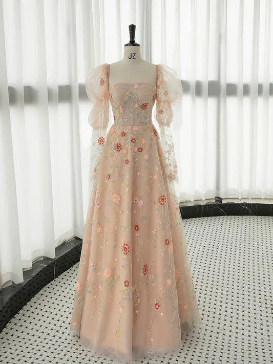 Champagne Pink A-Line Long Sleeve Tulle Lace Long Prom Dress ED01281