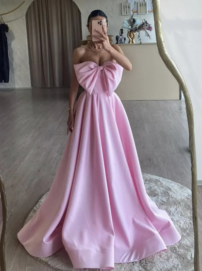 A-Line Strapless Satin Long Prom Dress, Pink Long Formal Dress HZ1024