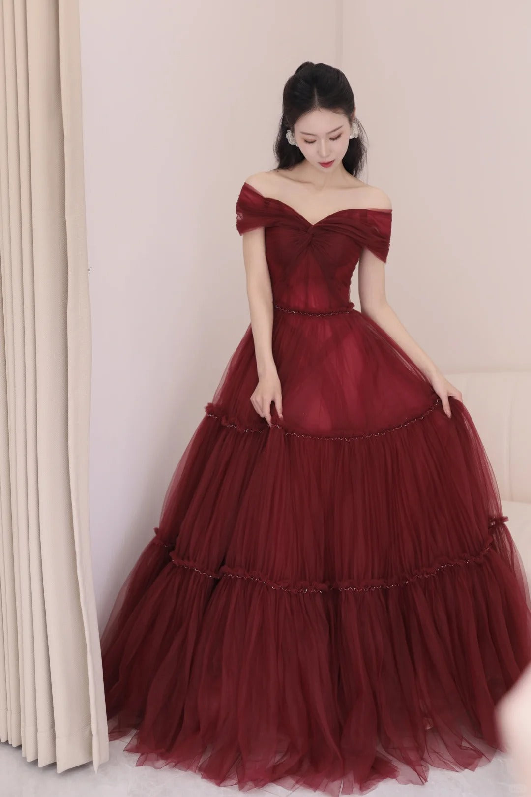 A-Line Off Shoulder Tulle Long Prom Dress, Burgundy Long Evening Dress HZ1024