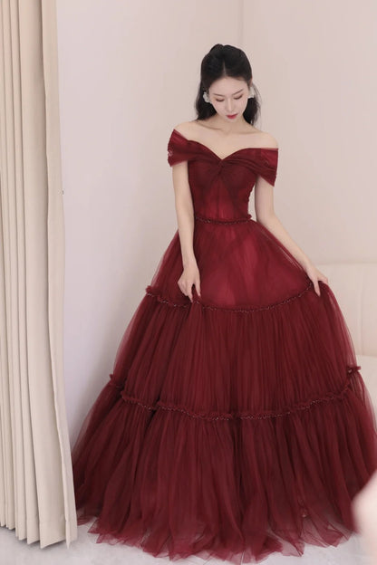 A-Line Off Shoulder Tulle Long Prom Dress, Burgundy Long Evening Dress HZ1024