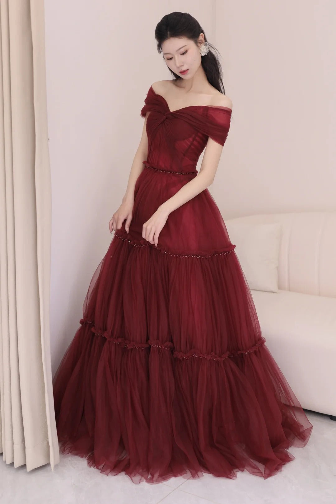 A-Line Off Shoulder Tulle Long Prom Dress, Burgundy Long Evening Dress HZ1024