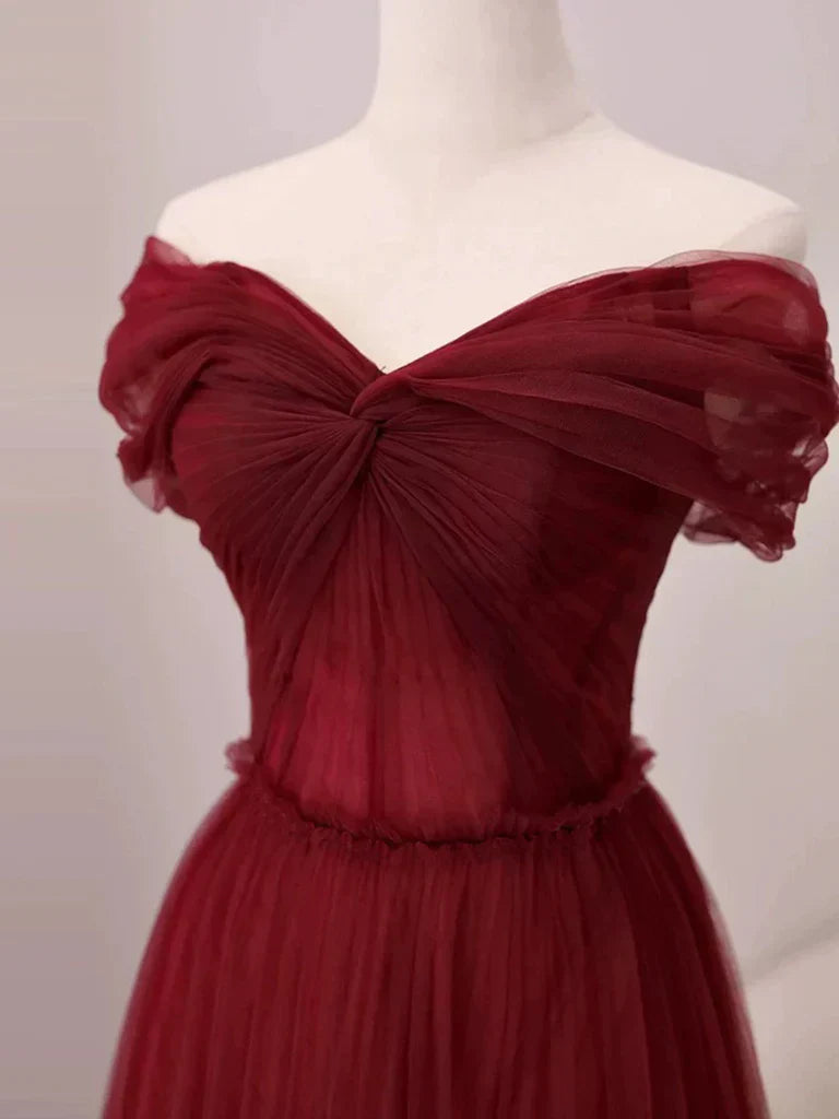 A-Line Off Shoulder Tulle Long Prom Dress, Burgundy Long Evening Dress HZ1024