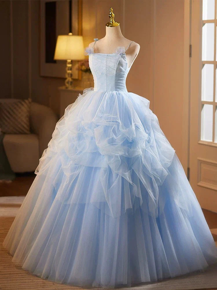 A-Line Spaghetti Strap Tulle Lace Long Prom Dress, Blue Long Sweet 16 Dress HZ1024