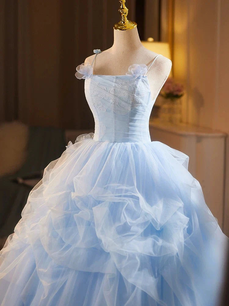 Blue A-Line Spaghetti Strap Tulle Lace Long Prom Dress, Blue Long Sweet 16 Dress ED01286