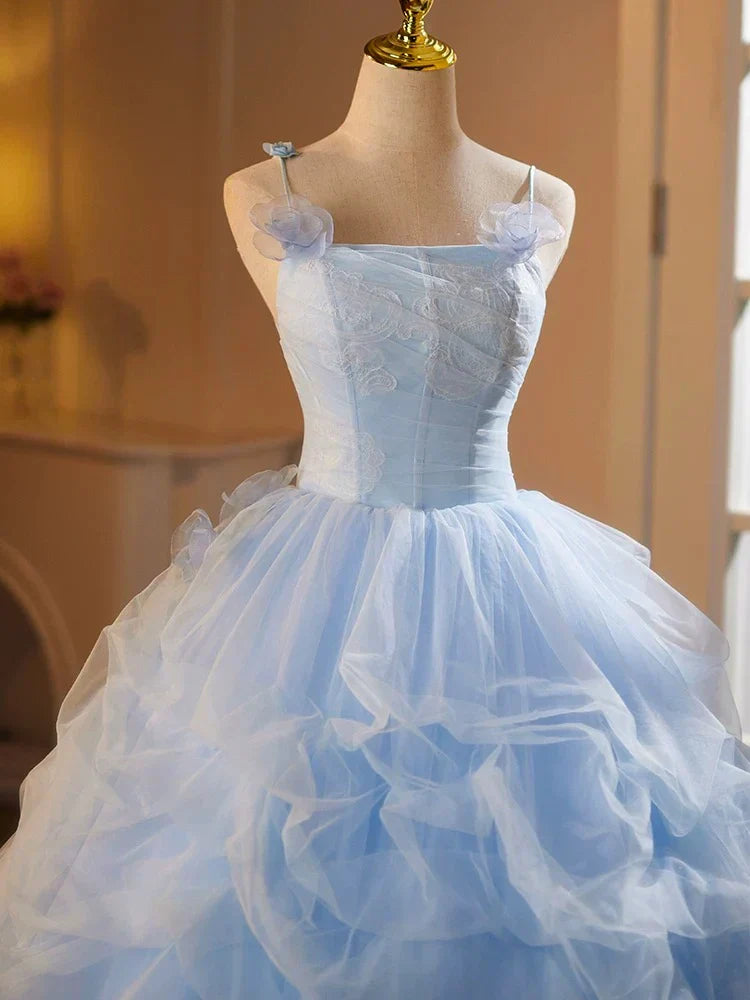 A-Line Spaghetti Strap Tulle Lace Long Prom Dress, Blue Long Sweet 16 Dress HZ1024