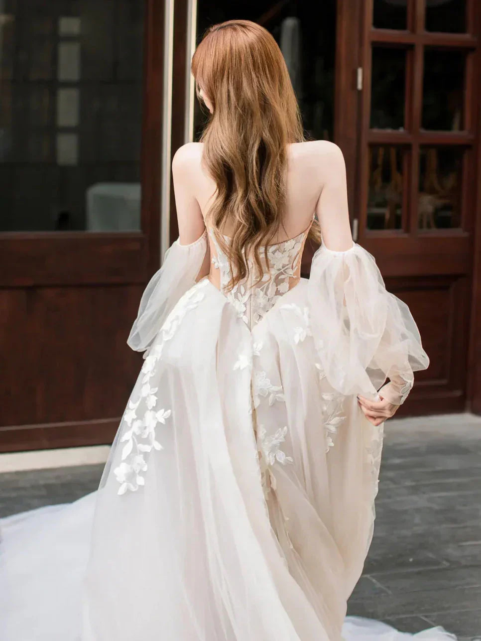 lace tulle long prom dress, Champagne wedding dress HZ1024