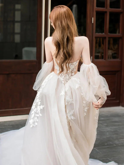 Champagne lace tulle long prom dress,  Champagne wedding dress ED01289