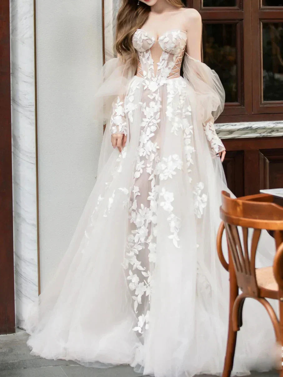 lace tulle long prom dress, Champagne wedding dress HZ1024