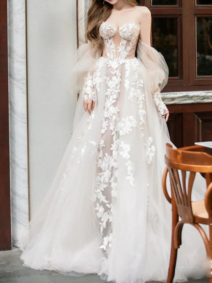 lace tulle long prom dress, Champagne wedding dress HZ1024