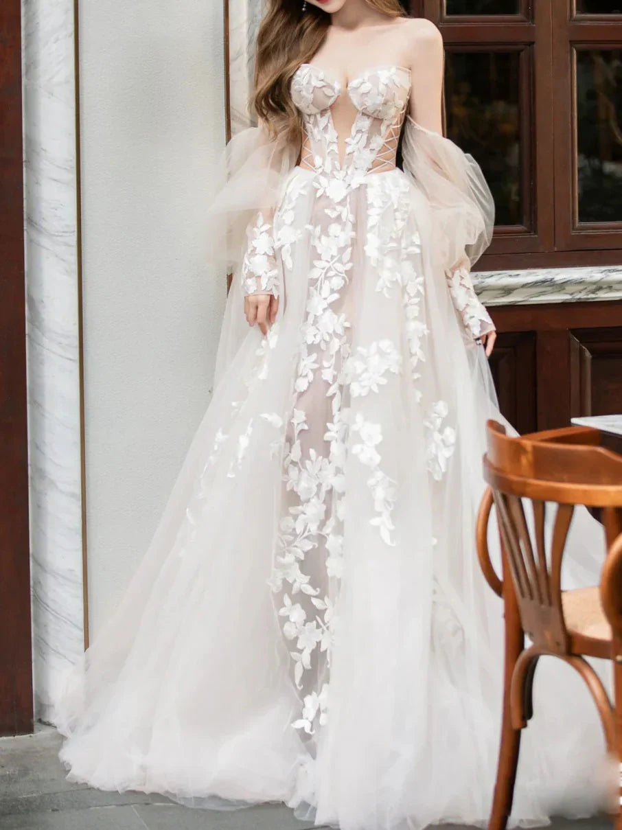 Champagne lace tulle long prom dress,  Champagne wedding dress ED01289
