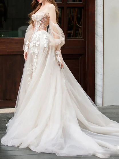 Champagne lace tulle long prom dress,  Champagne wedding dress ED01289