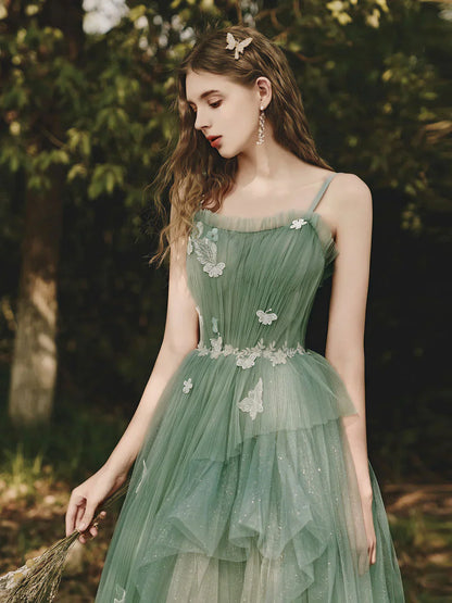 A-Line Spaghetti Strap Tulle Lace Long Prom Dress ,Formal Evening Dress HZ1024