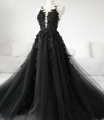A-Line Tulle Lace Appliques Sleeveless,Backless Train Wedding Dresses HZ1024