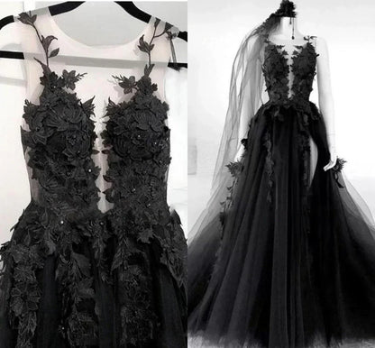 Black A-Line Tulle Lace Appliques Sleeveless,Backless Train Wedding Dresses ED01292