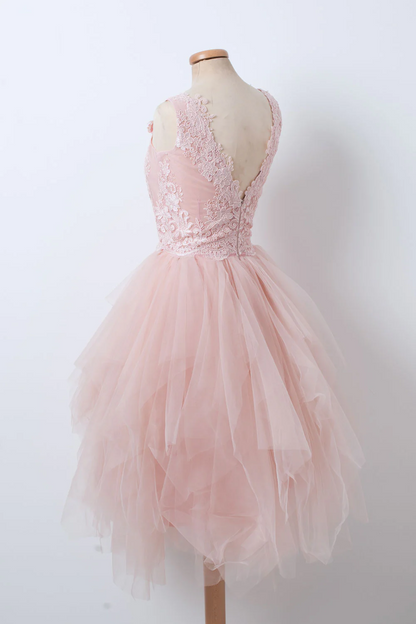 Dresses,pink V Neck Tulle Lace Short Prom Dress, Pink Homecoming Dress HZ1024