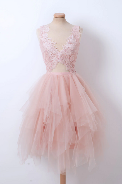 Dresses,pink V Neck Tulle Lace Short Prom Dress, Pink Homecoming Dress HZ1024