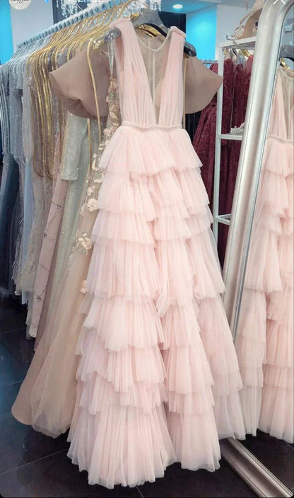 Brush Pink V-Neck Ruffles Prom Dress HZ1024
