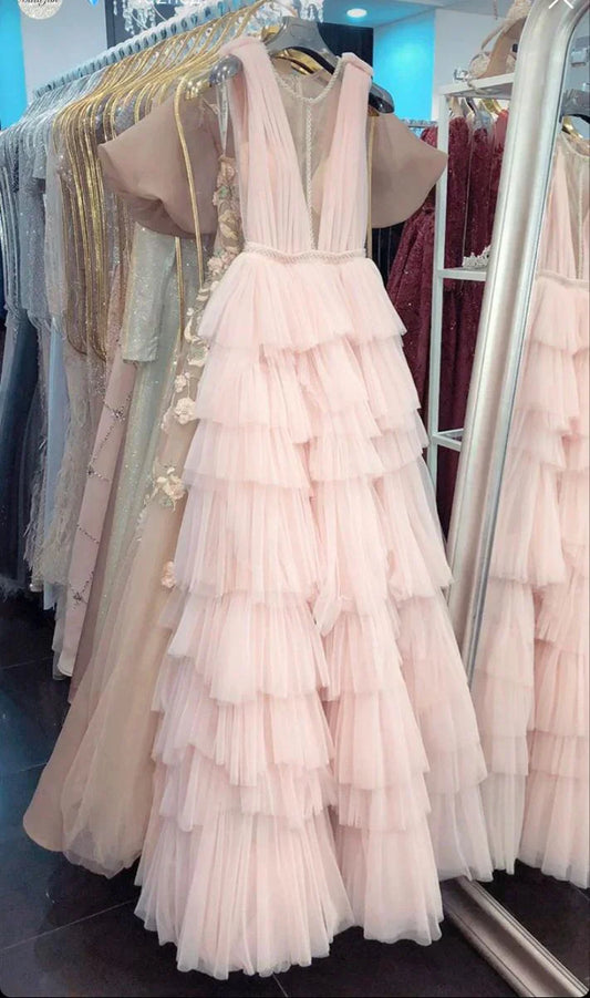 Brush Pink V-Neck Ruffles Prom Dress HZ1024