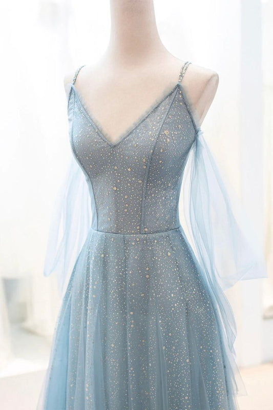 Blue Sparkly Tulle Long Prom Dress, A-Line Spaghetti Strap Evening Dress HZ1024