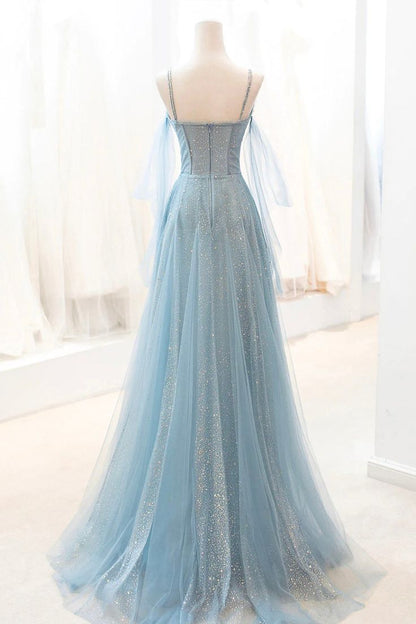 Blue Sparkly Tulle Long Prom Dress, A-Line Spaghetti Strap Evening Dress HZ1024