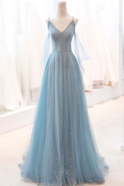 Blue Sparkly Tulle Long Prom Dress, A-Line Spaghetti Strap Evening Dress HZ1024