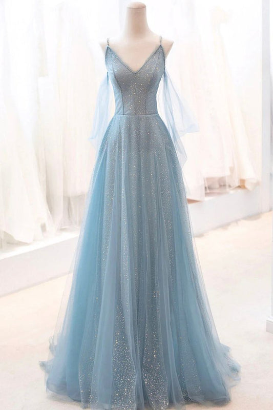 Blue Sparkly Tulle Long Prom Dress, A-Line Spaghetti Strap Evening Dress HZ1024