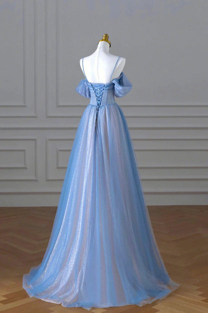 A-Line Tulle Sequins Pearls Spaghetti Straps Prom Dress,Blue Formal Prom Dress HZ1024