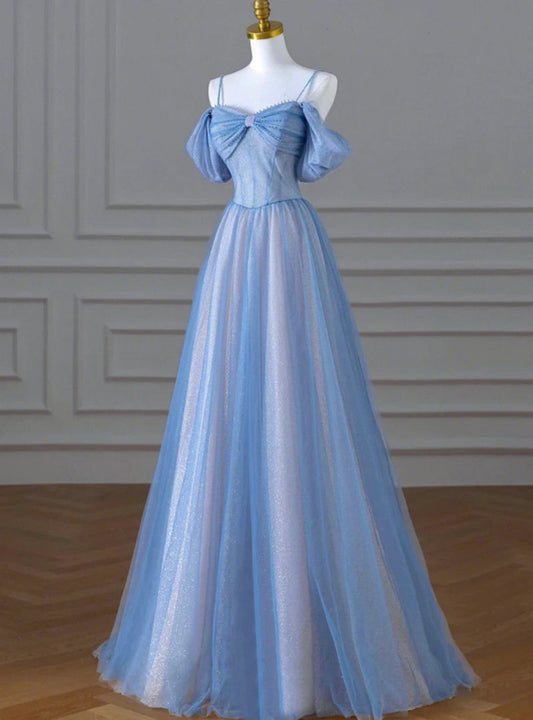 A-Line Tulle Sequins Pearls Spaghetti Straps Prom Dress,Blue Formal Prom Dress HZ1024