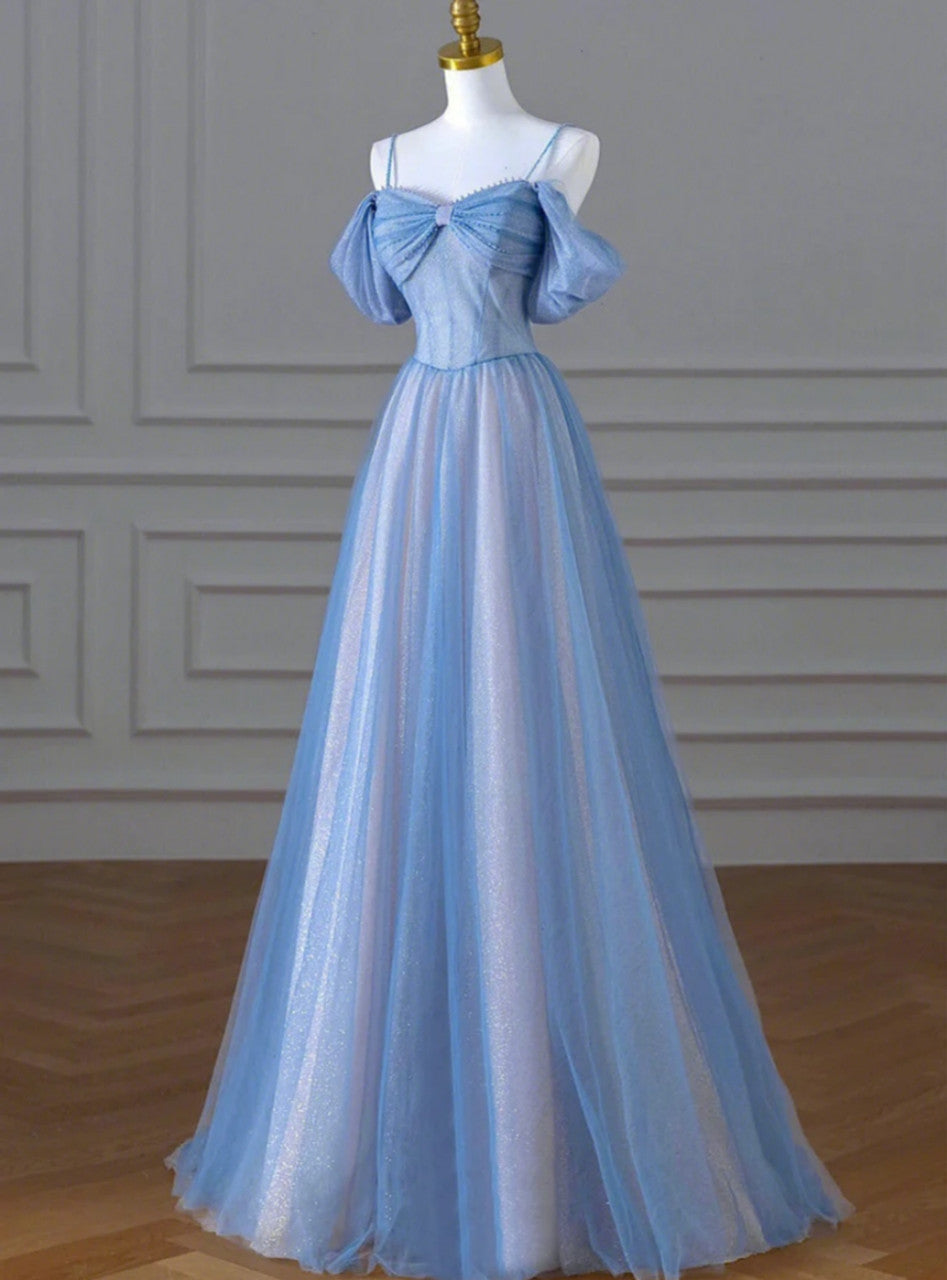 Blue A-Line Tulle Sequins Pearls Spaghetti Straps Prom Dress,Blue Formal Prom Dress ED01307