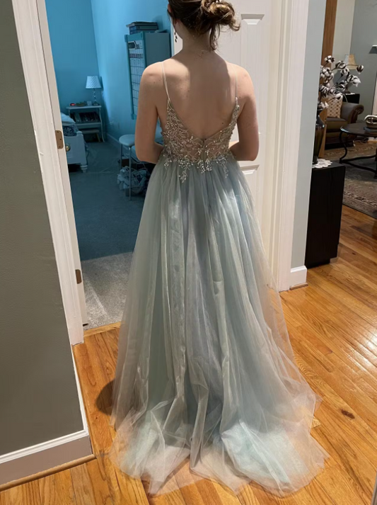 Blue Beaded Tulle Spaghetti Straps Prom Dress HZ1024