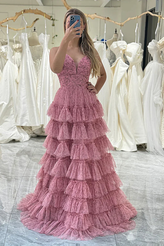 A Line Spaghetti Straps Printed Tulle Prom Dress with Ruffles HZ1024