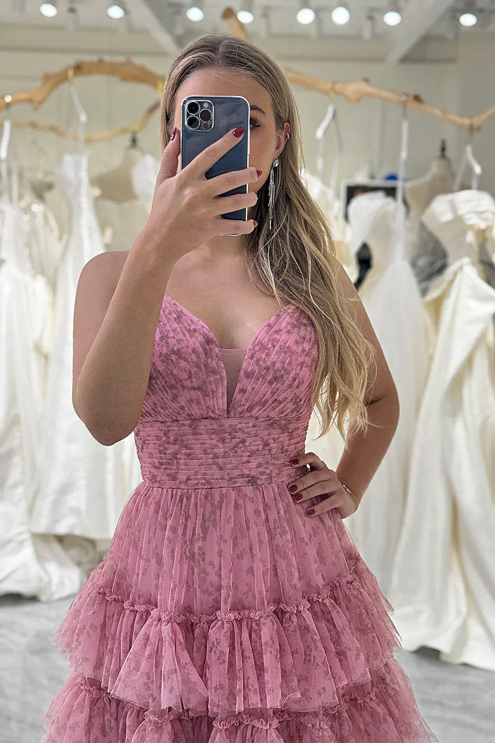 A Line Spaghetti Straps Printed Tulle Prom Dress with Ruffles HZ1024