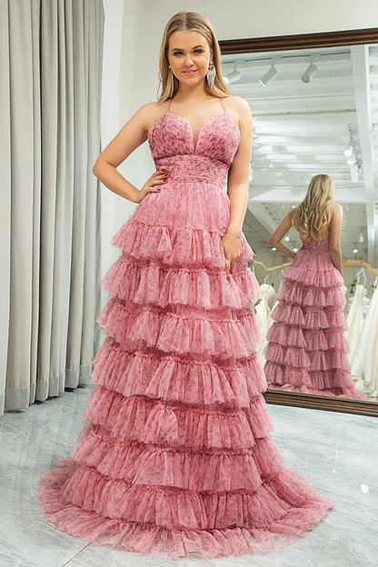 A Line Spaghetti Straps Printed Tulle Prom Dress with Ruffles HZ1024