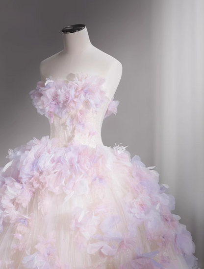 Tulle Sequin Long Prom Dress, Strapless Pink And Purple Three-Dimensional Flower Wedding Dress HZ1024