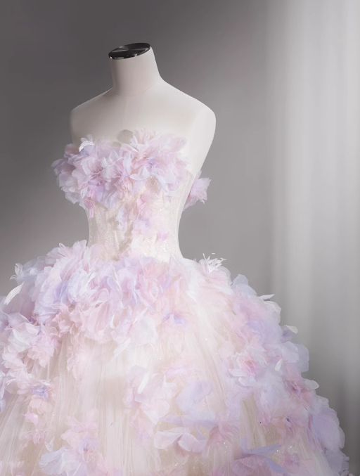 Tulle Sequin Long Prom Dress, Strapless Pink And Purple Three-Dimensional Flower Wedding Dress HZ1024