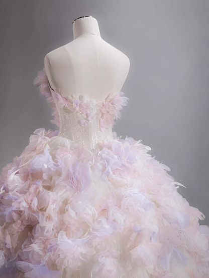 Tulle Sequin Long Prom Dress, Strapless Pink And Purple Three-Dimensional Flower Wedding Dress HZ1024