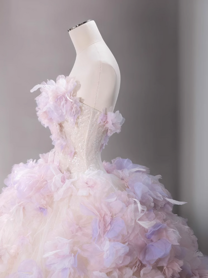 Tulle Sequin Long Prom Dress, Strapless Pink And Purple Three-Dimensional Flower Wedding Dress HZ1024