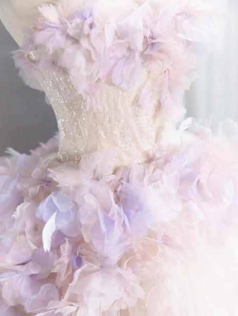 Tulle Sequin Long Prom Dress, Strapless Pink And Purple Three-Dimensional Flower Wedding Dress HZ1024
