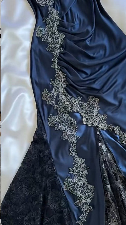 Classy Bodycon Mermaid Straps Long Navy Blue Lace Prom Dress Party Dresses Graduation Dresses DP512