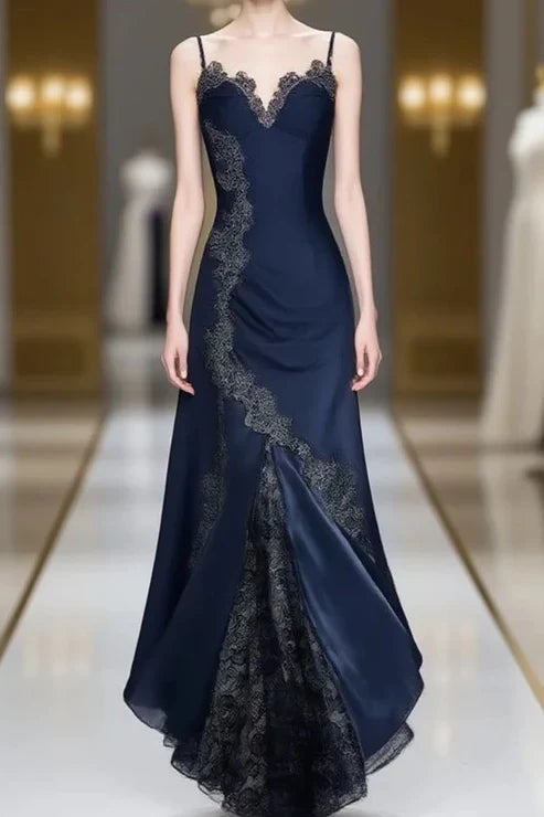 Sexy Navy Blue Mermaid Lace Prom Dress Party Dress SH1237