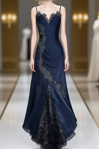 Sexy Navy Blue Mermaid Lace Prom Dress Party Dress SH1237