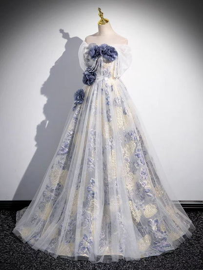 off-shoulder tulle three-dimensional floral long prom dress, dark purple evening dress HZ1024