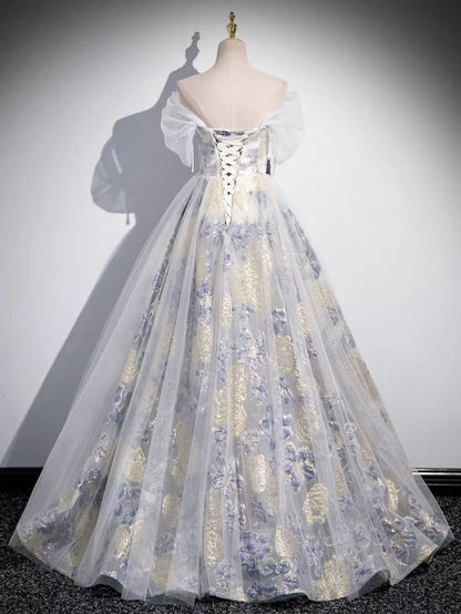 off-shoulder tulle three-dimensional floral long prom dress, dark purple evening dress HZ1024