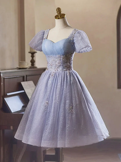 Purple Tulle Short Sleeves Homecoming Dress, Beautiful Knee Length Prom Party Dress HZ1024