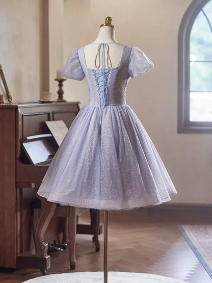 Light Purple Tulle Short Sleeves Homecoming Dress, Beautiful Knee Length Prom Party Dress ED01325