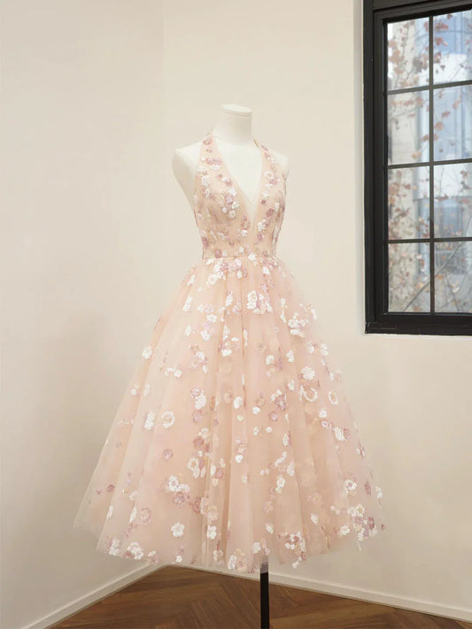 Pink V-Neck Tulle Sequins Short Prom Dress, Cute A Line Backless Homecoming Dress ED01326
