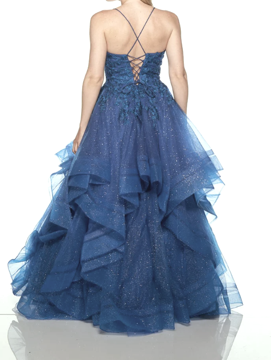 A-line V-neck Tulle Sequins Long Prom Dress, Spaghetti Strap Evening Dress HZ1024