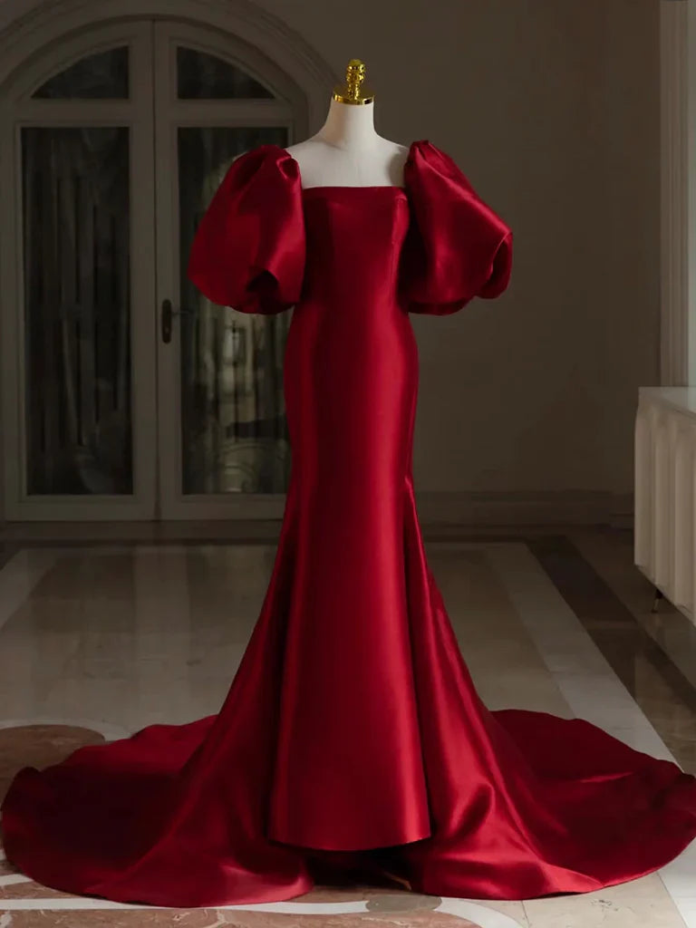 Burgundy Mermaid Puff Sleeves Satin Burgundy Long Prom Dress, Burgundy Long Formal Dress ED01332