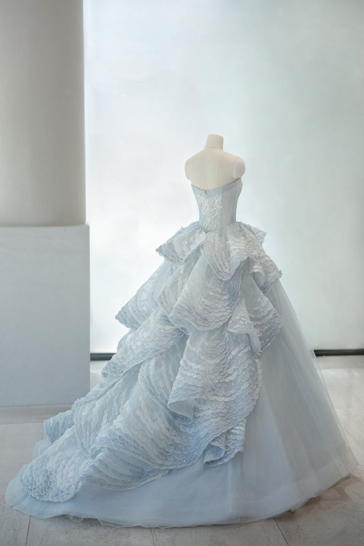 Blue A-line Strapless Tulle Long Prom Dress, Ice Blue Evening Gown HZ1024